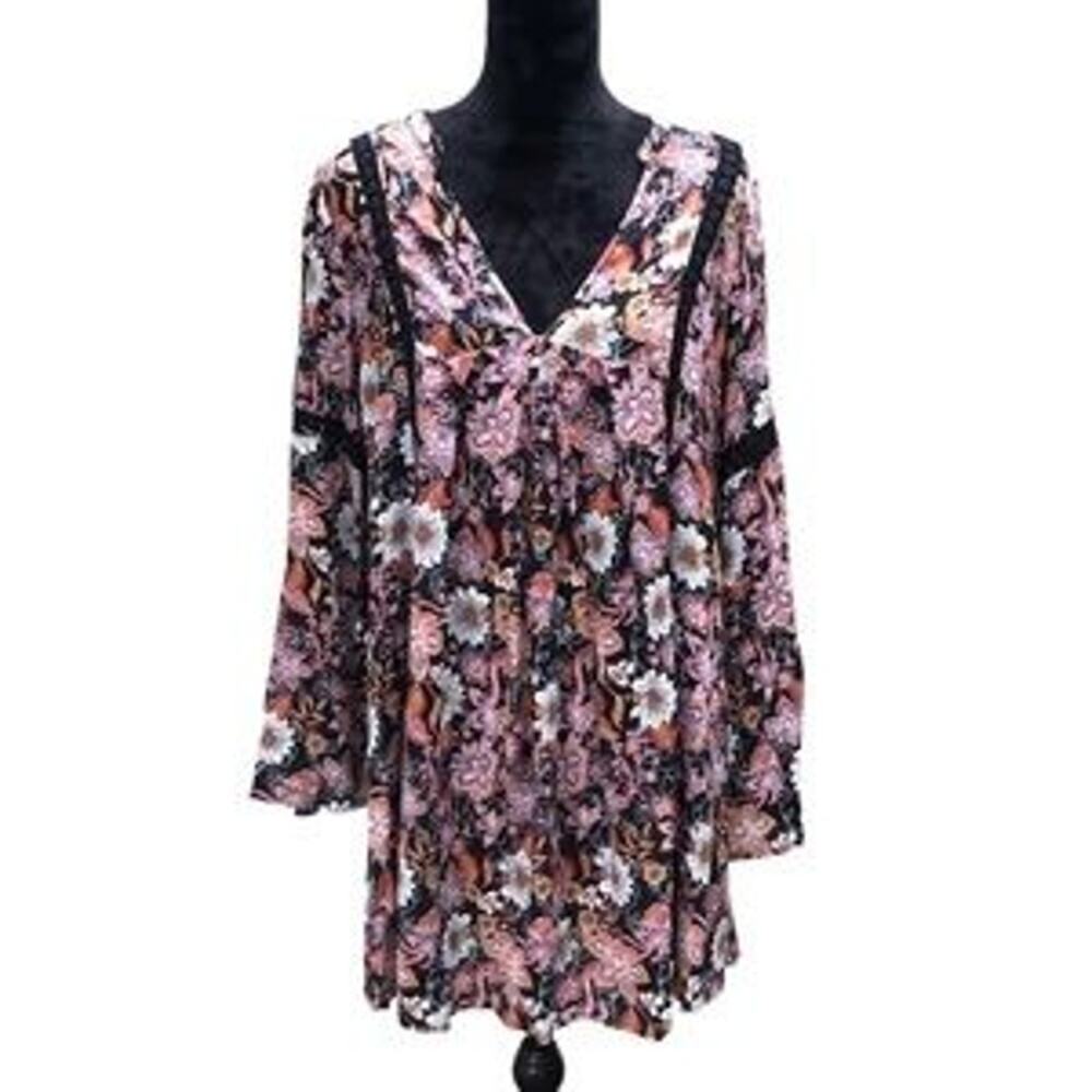 NWT Altar'd State Floral Tunic Mini Dress Small Black Colorful Hippie Boho
